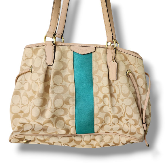 Coach Davin signature logo tan emerald large tote leather canvas